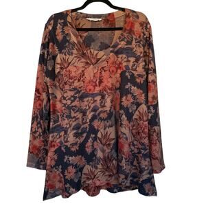 Soft Surroundings Shirt Womens XL Blue Floral V Neck Tunic Long Sleeve Made USA